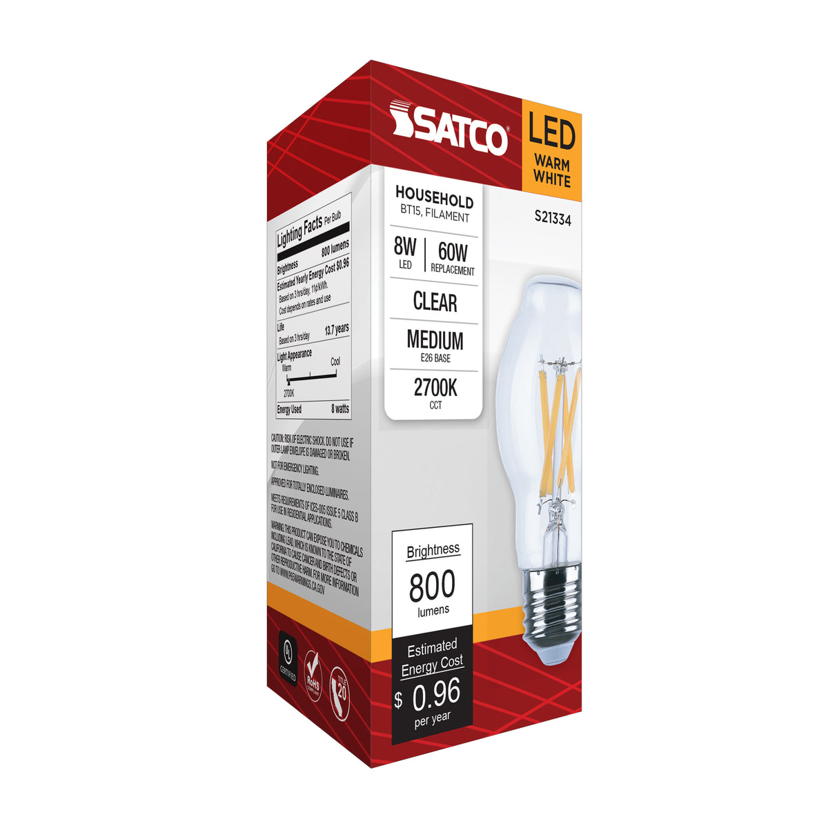 8 Watt BT15 LED Filament - Clear - Medium base - 90 CRI - 2700K - 120 Volt
