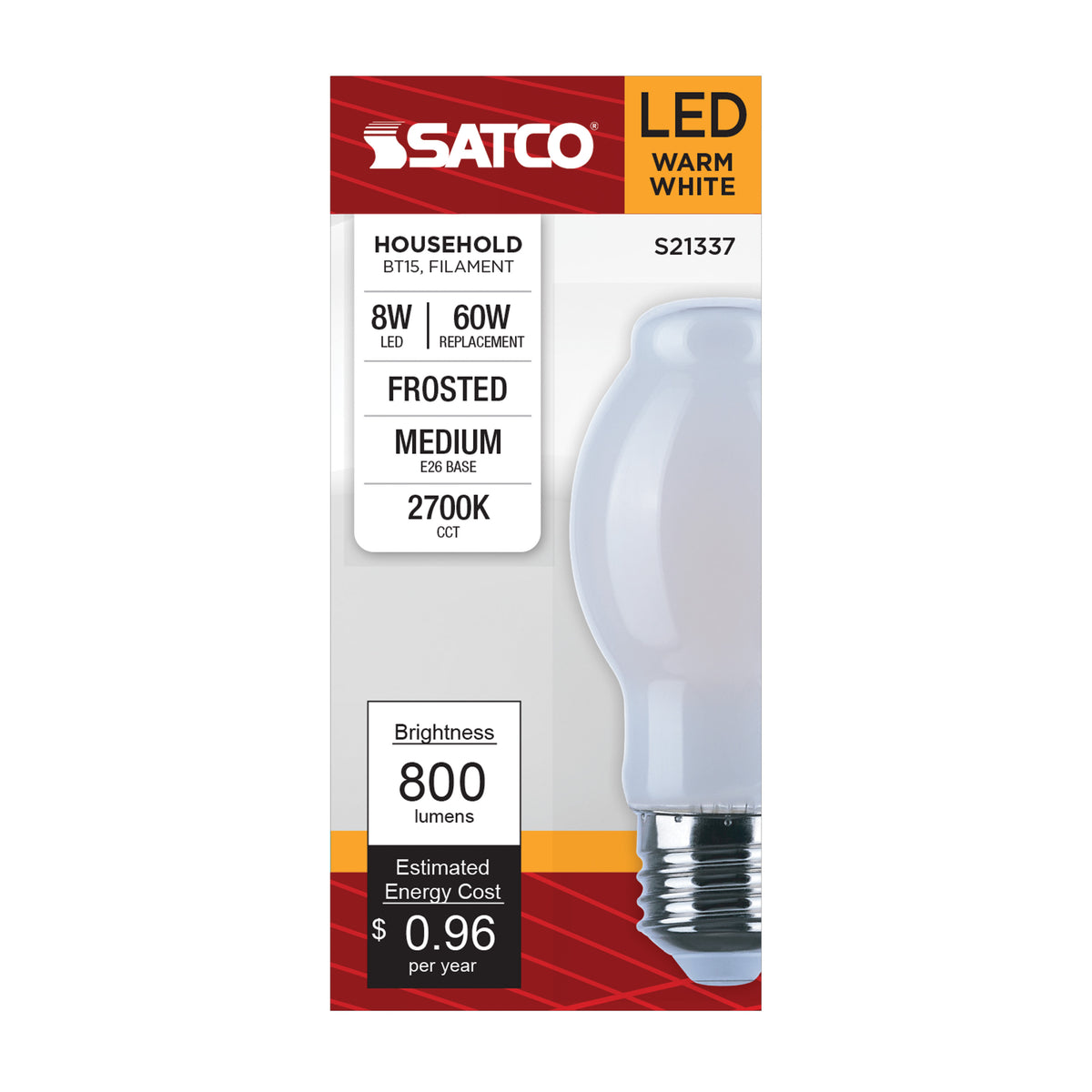 8 Watt BT15 LED Filament - White - Medium base - 90 CRI - 2700K - 120 Volt