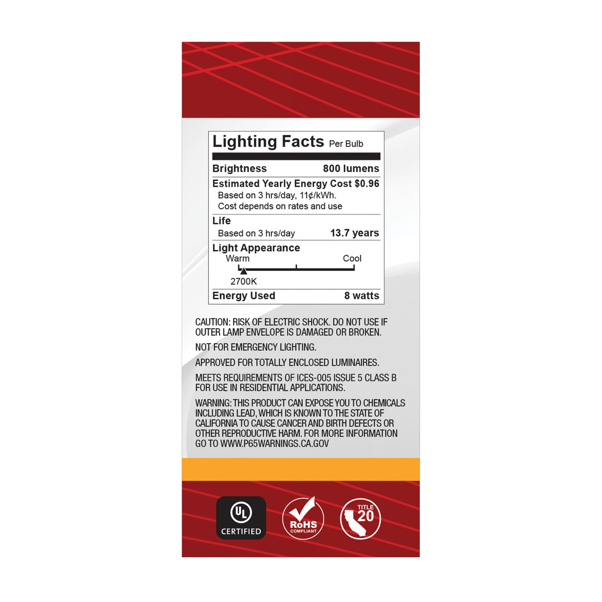 8 Watt BT15 LED Filament - White - Medium base - 90 CRI - 2700K - 120 Volt