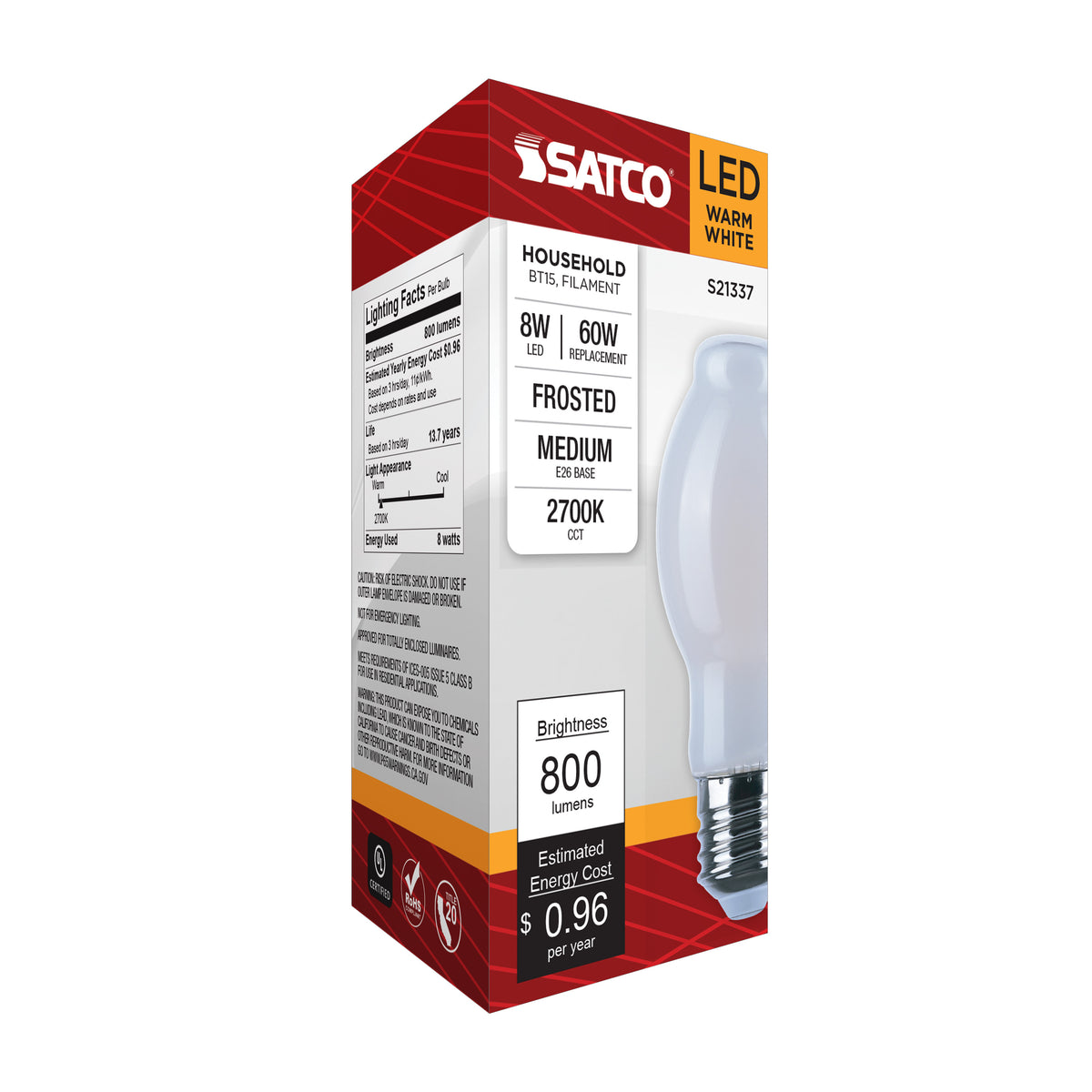 8 Watt BT15 LED Filament - White - Medium base - 90 CRI - 2700K - 120 Volt