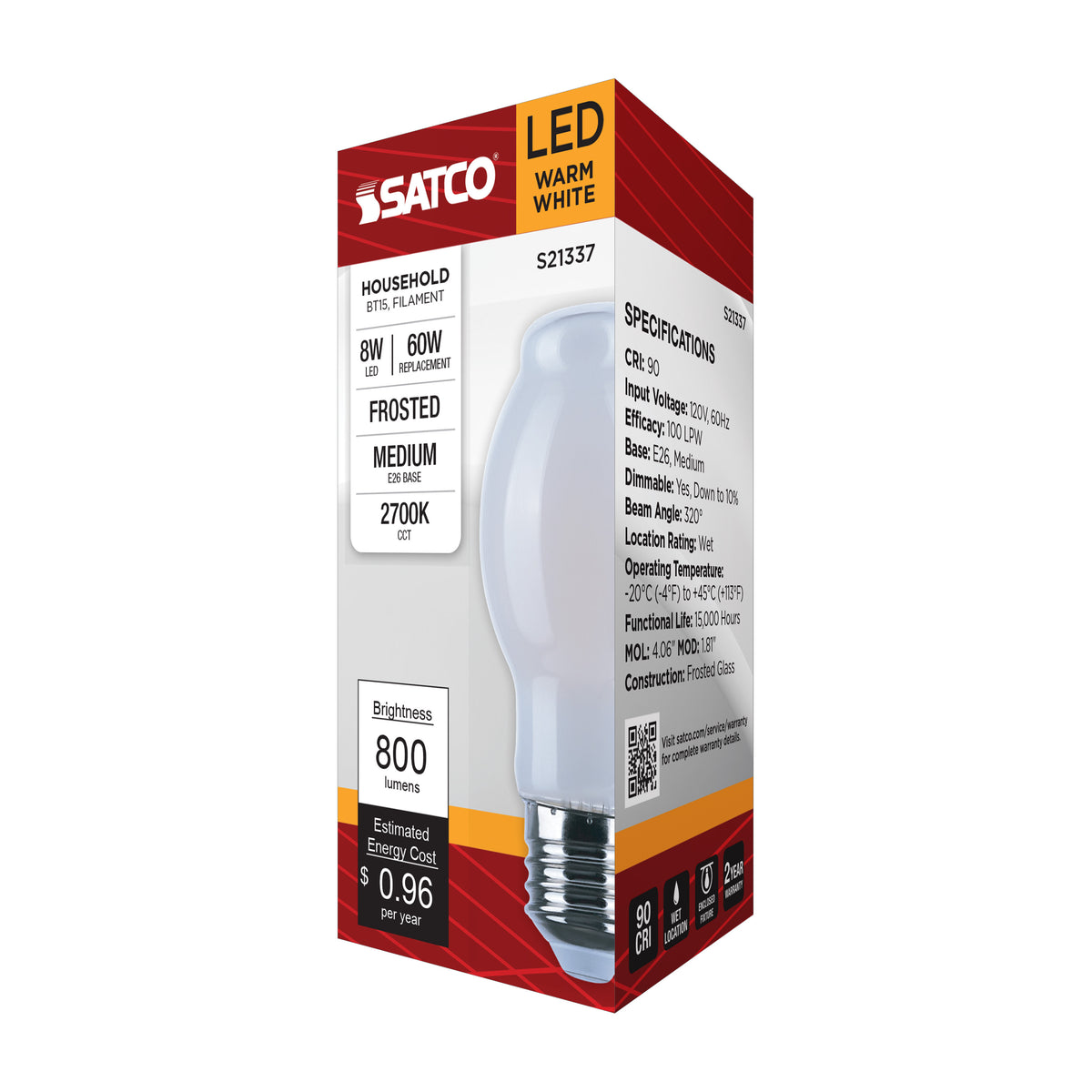 8 Watt BT15 LED Filament - White - Medium base - 90 CRI - 2700K - 120 Volt