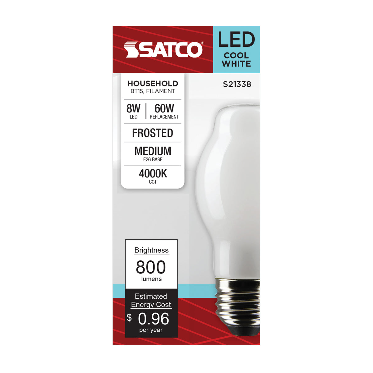 8 Watt BT15 LED Filament - White - Medium base - 90 CRI - 4000K - 120 Volt