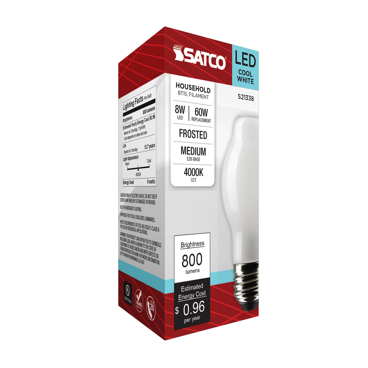 8 Watt BT15 LED Filament - White - Medium base - 90 CRI - 4000K - 120 Volt