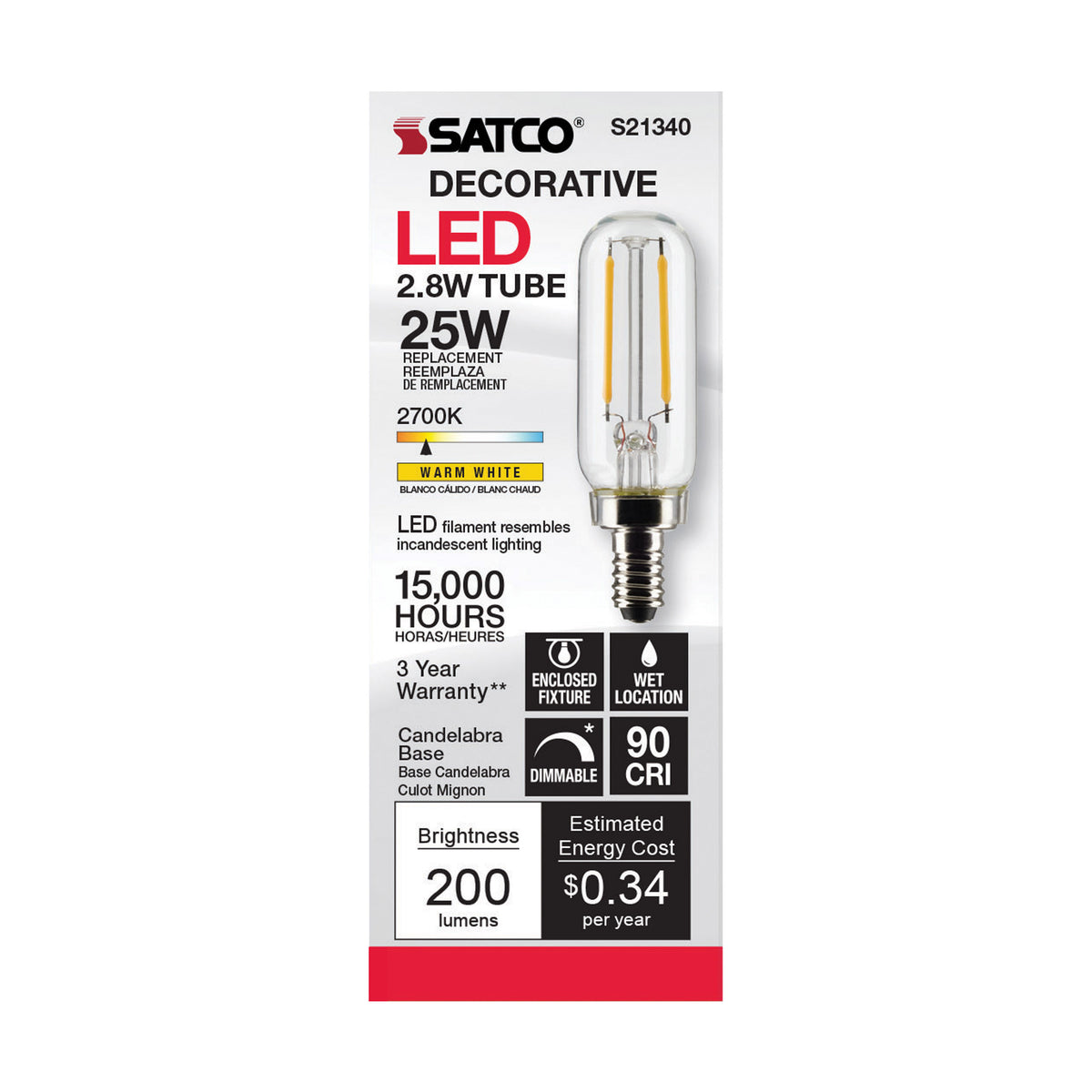 2.8 Watt T6 LED Filament - Clear - Candelabra base - 90 CRI - 2700K - 120 Volt