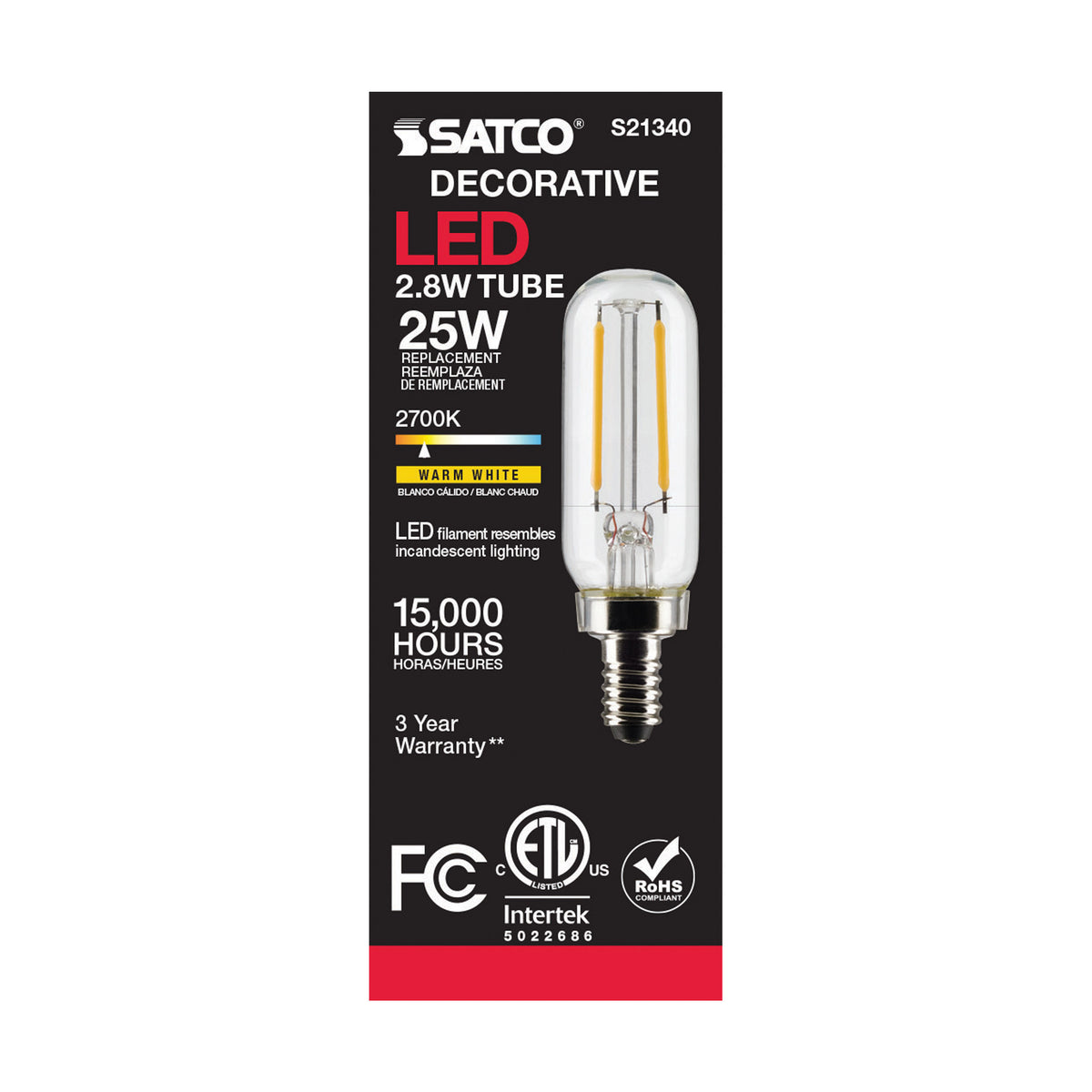 2.8 Watt T6 LED Filament - Clear - Candelabra base - 90 CRI - 2700K - 120 Volt
