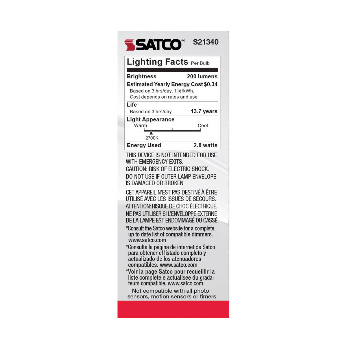 2.8 Watt T6 LED Filament - Clear - Candelabra base - 90 CRI - 2700K - 120 Volt