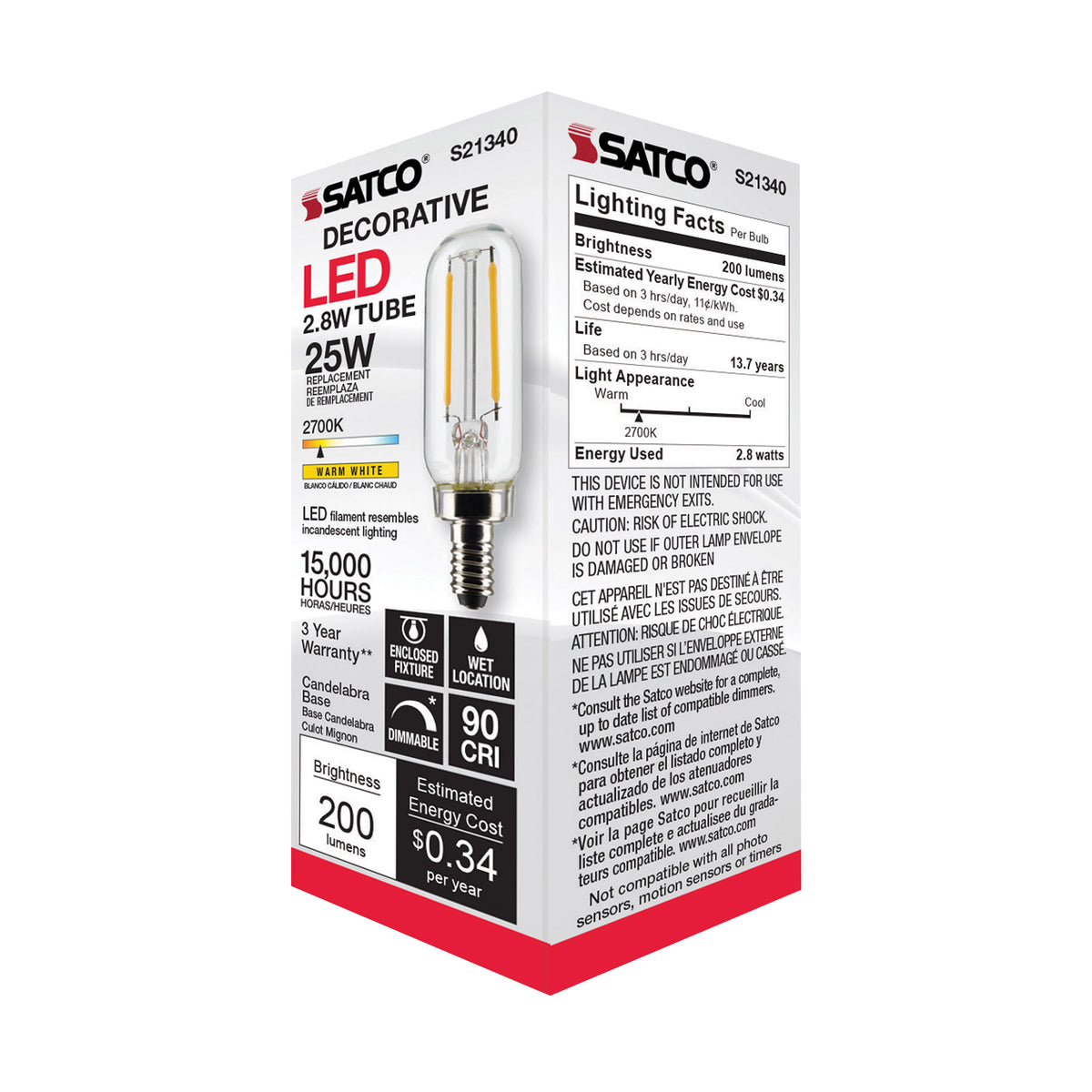 2.8 Watt T6 LED Filament - Clear - Candelabra base - 90 CRI - 2700K - 120 Volt