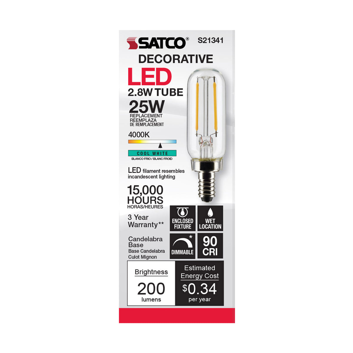 2.8 Watt T6 LED Filament - Clear - Candelabra base - 90 CRI - 4000K - 120 Volt