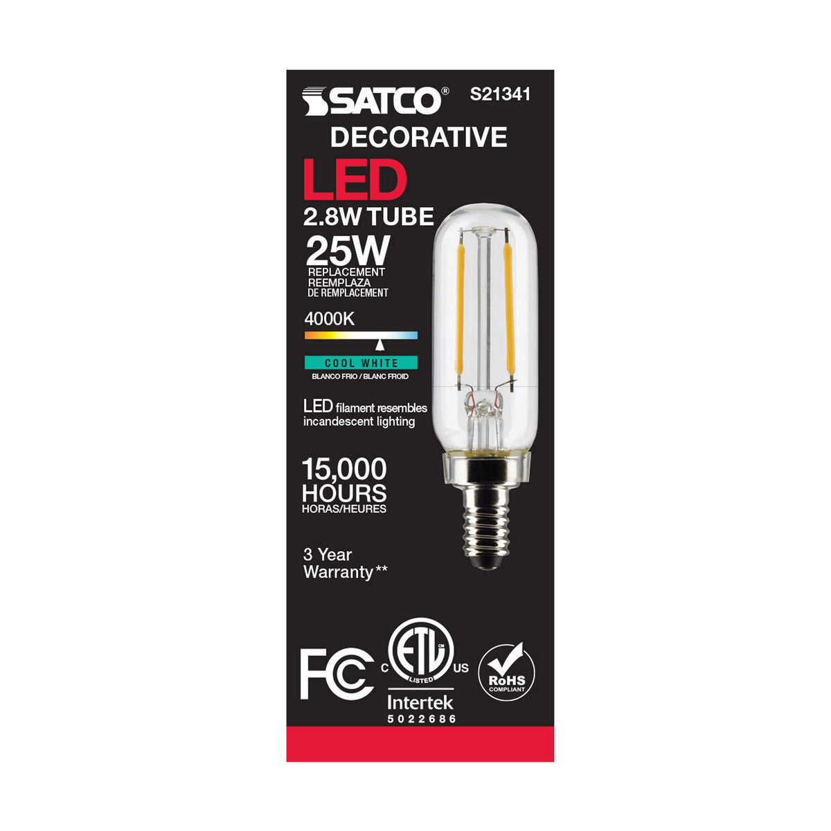2.8 Watt T6 LED Filament - Clear - Candelabra base - 90 CRI - 4000K - 120 Volt
