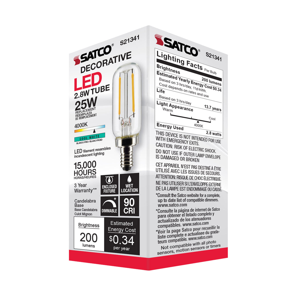 2.8 Watt T6 LED Filament - Clear - Candelabra base - 90 CRI - 4000K - 120 Volt