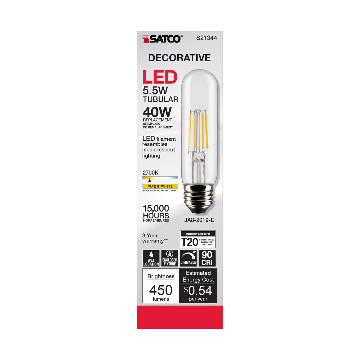 5.5 Watt T10 LED Filament - Clear - Medium base - 90 CRI - 2700K - 120 Volt