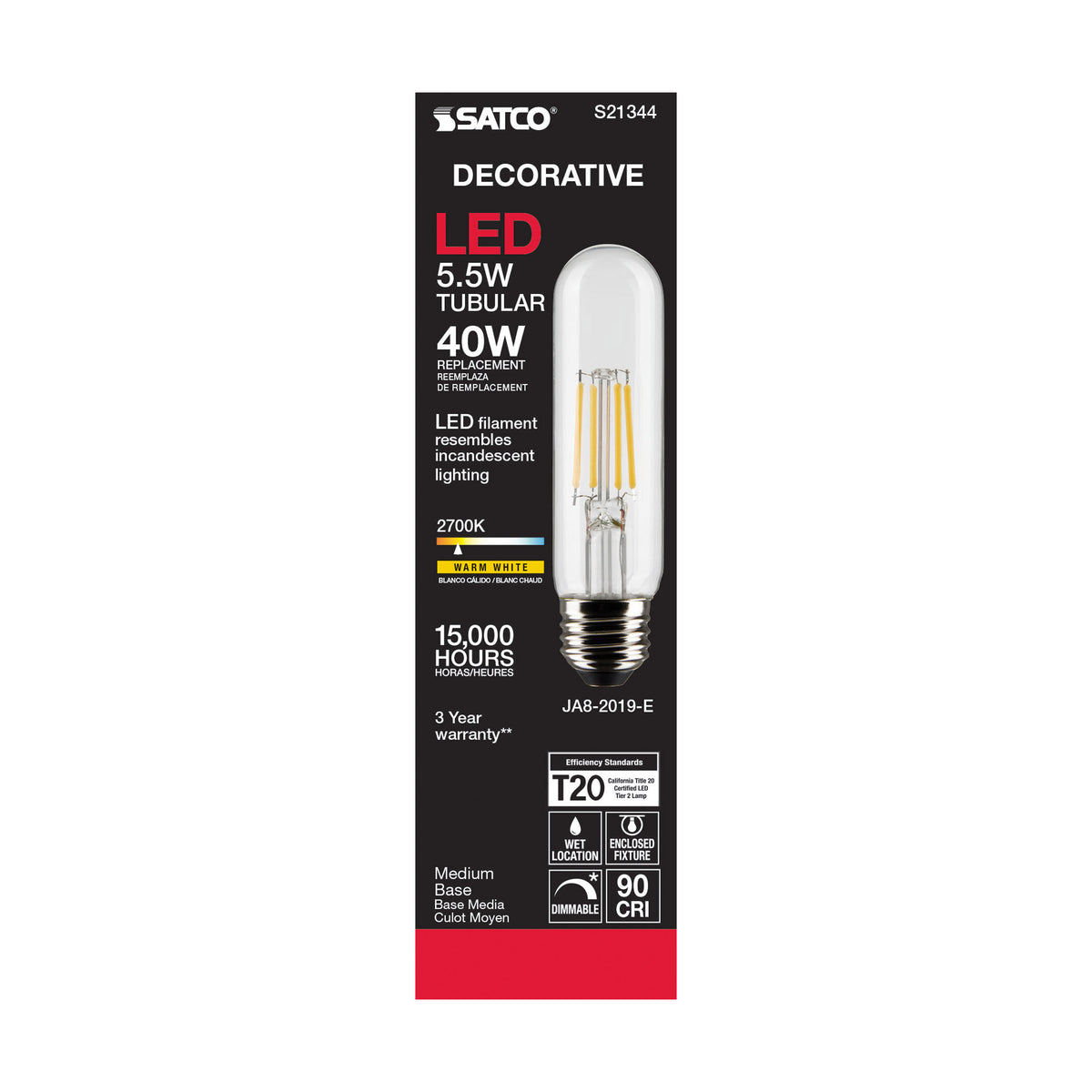 5.5 Watt T10 LED Filament - Clear - Medium base - 90 CRI - 2700K - 120 Volt