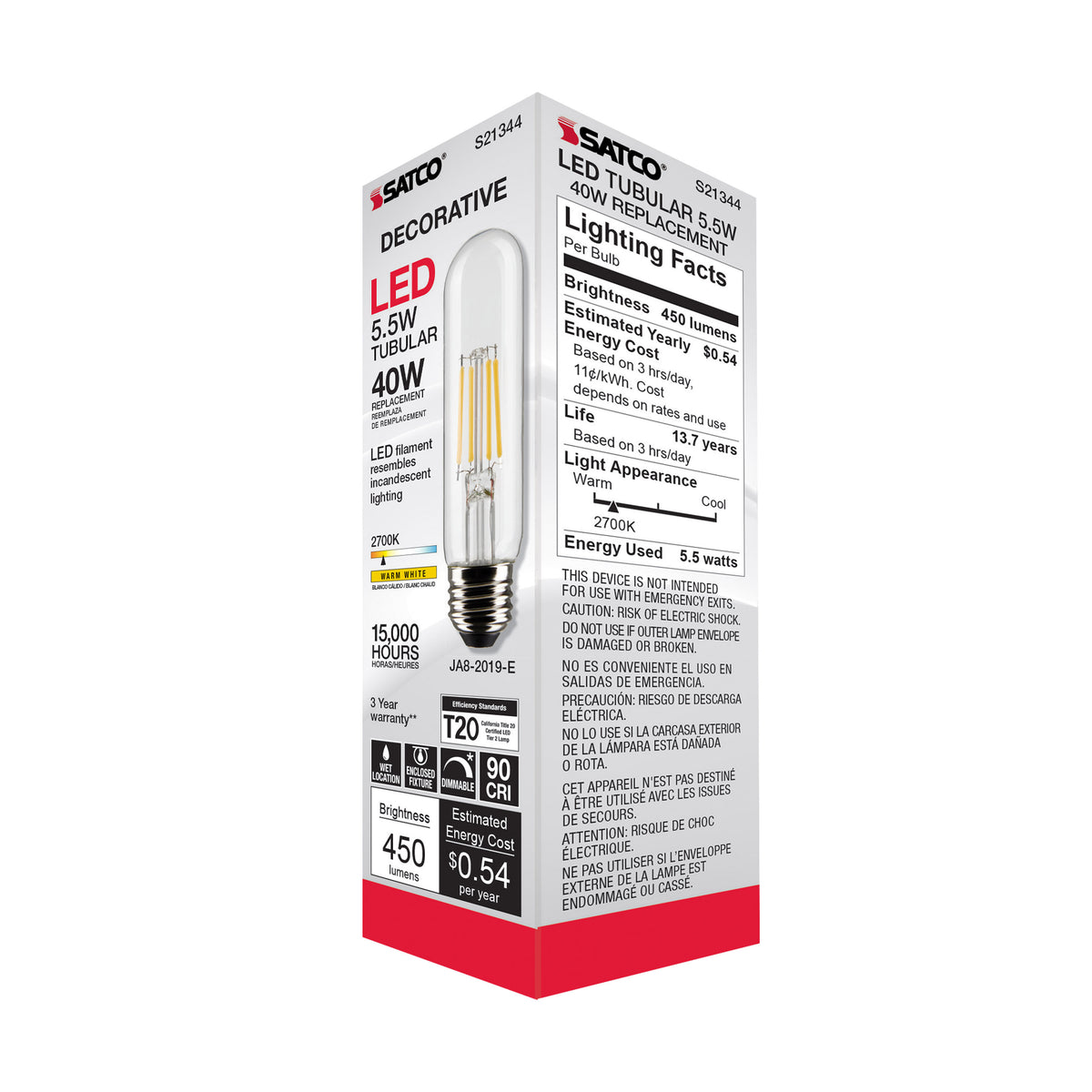 5.5 Watt T10 LED Filament - Clear - Medium base - 90 CRI - 2700K - 120 Volt