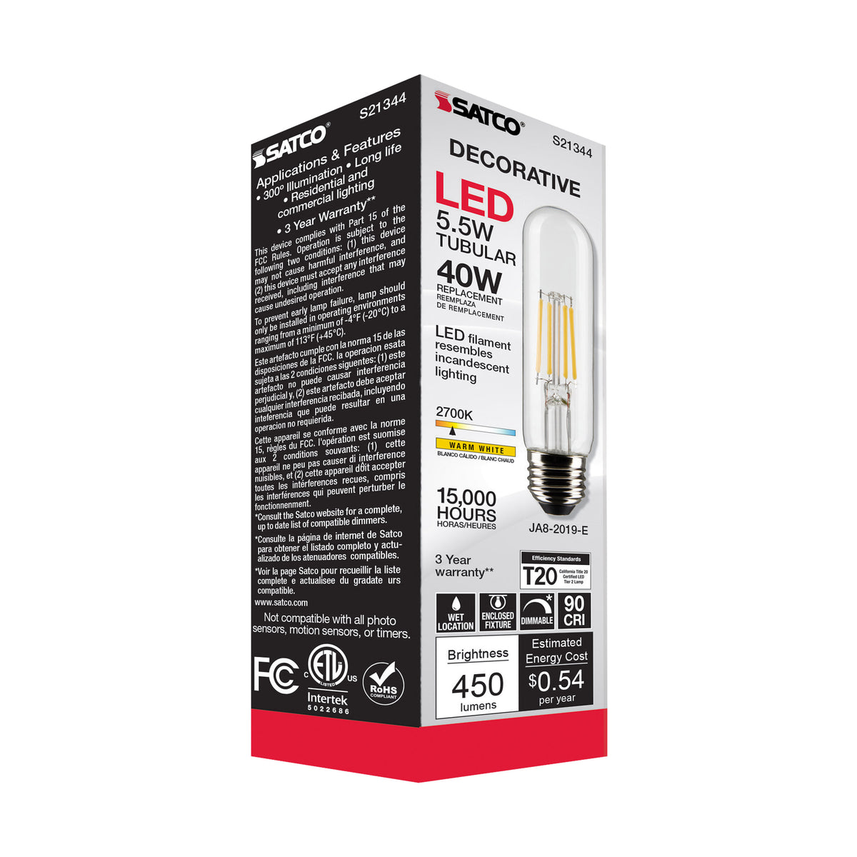 5.5 Watt T10 LED Filament - Clear - Medium base - 90 CRI - 2700K - 120 Volt