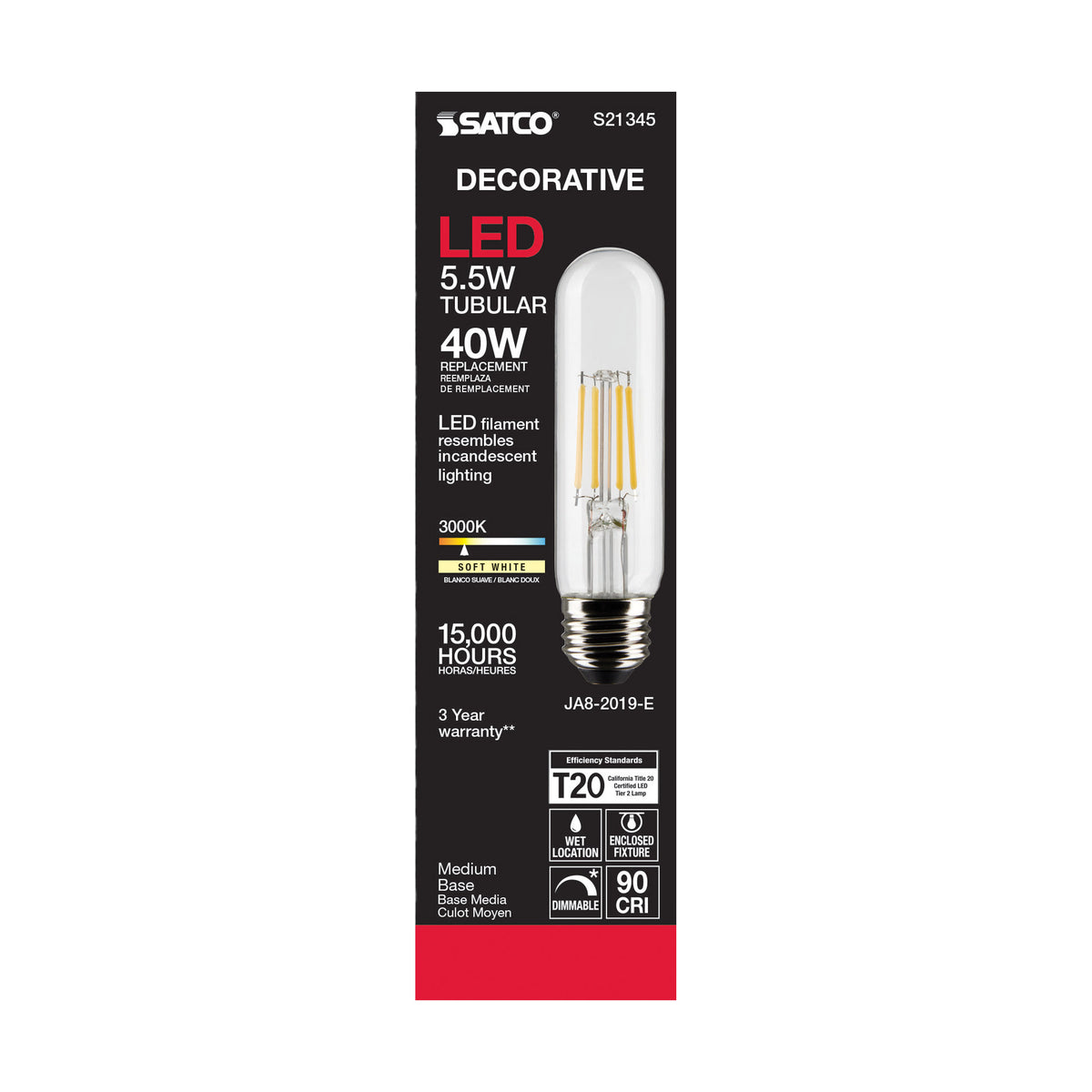 5.5 Watt T10 LED Filament - Clear - Medium base - 90 CRI - 3000K - 120 Volt