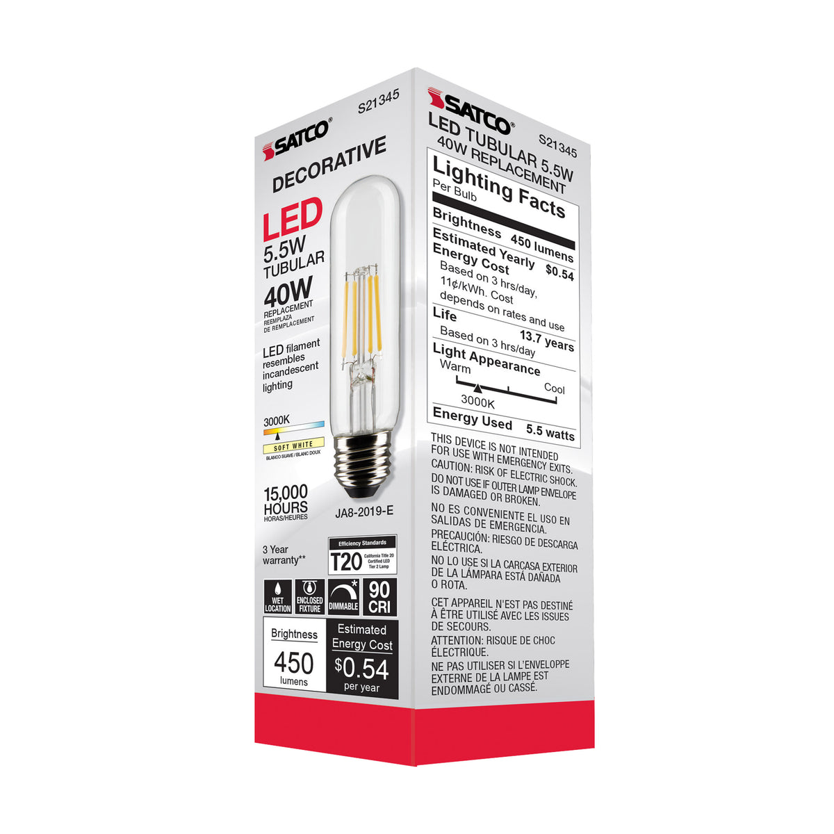 5.5 Watt T10 LED Filament - Clear - Medium base - 90 CRI - 3000K - 120 Volt