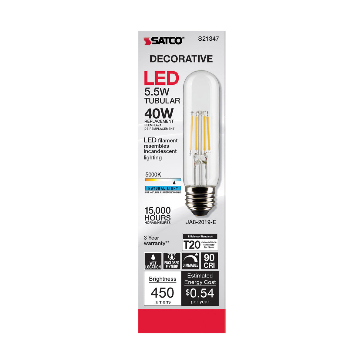 5.5 Watt T10 LED Filament - Clear - Medium base - 90 CRI - 5000K - 120 Volt