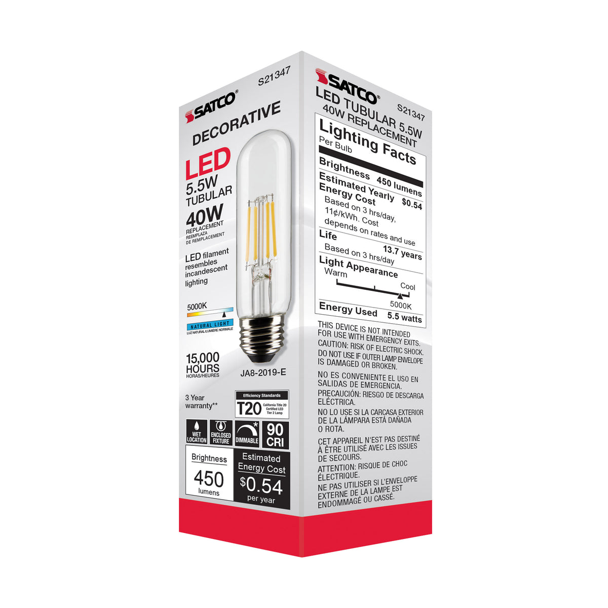 5.5 Watt T10 LED Filament - Clear - Medium base - 90 CRI - 5000K - 120 Volt