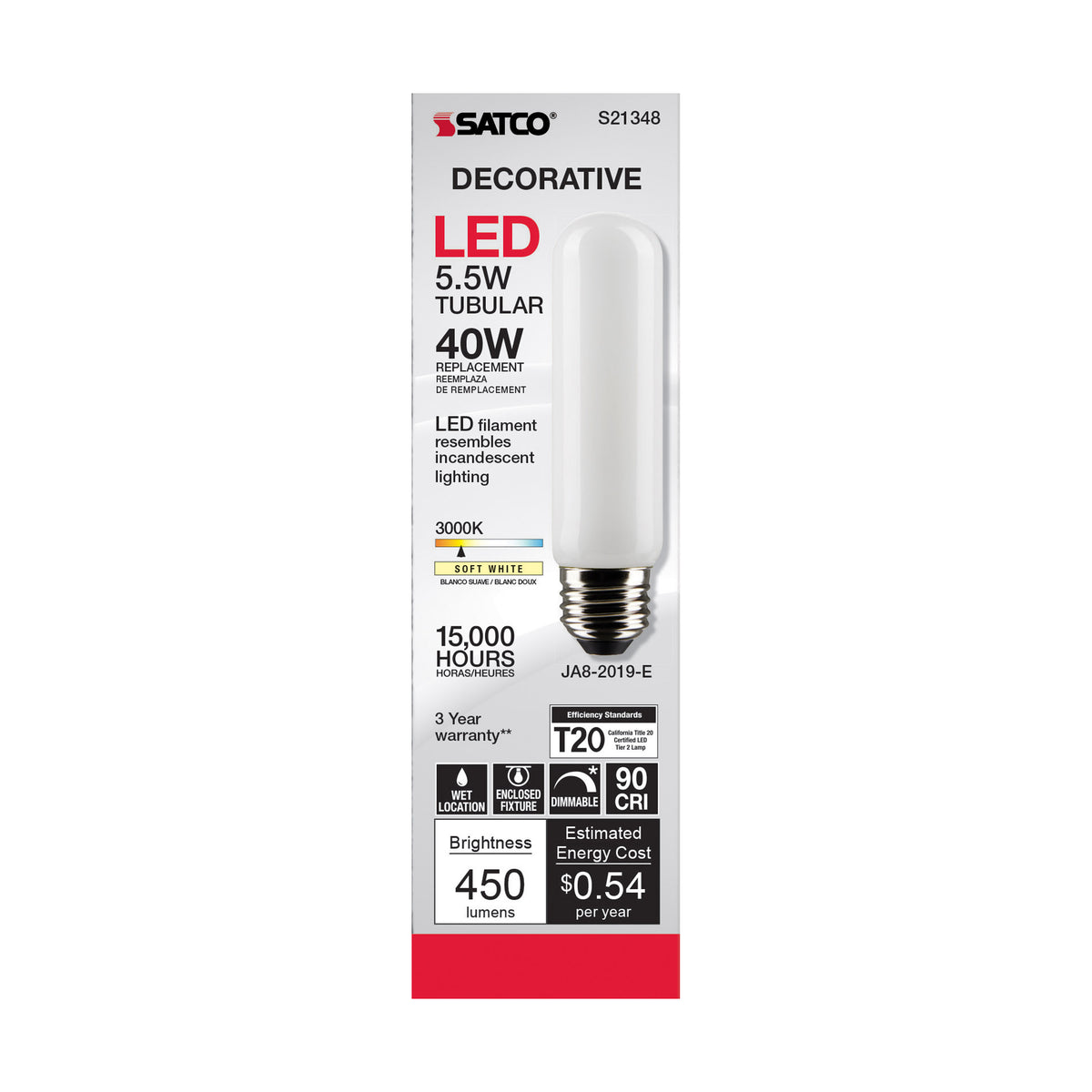 5.5 Watt T10 LED Filament - Frost - Medium base - 90 CRI - 3000K - 120 Volt
