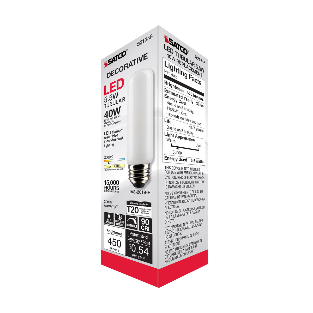 5.5 Watt T10 LED Filament - Frost - Medium base - 90 CRI - 3000K - 120 Volt