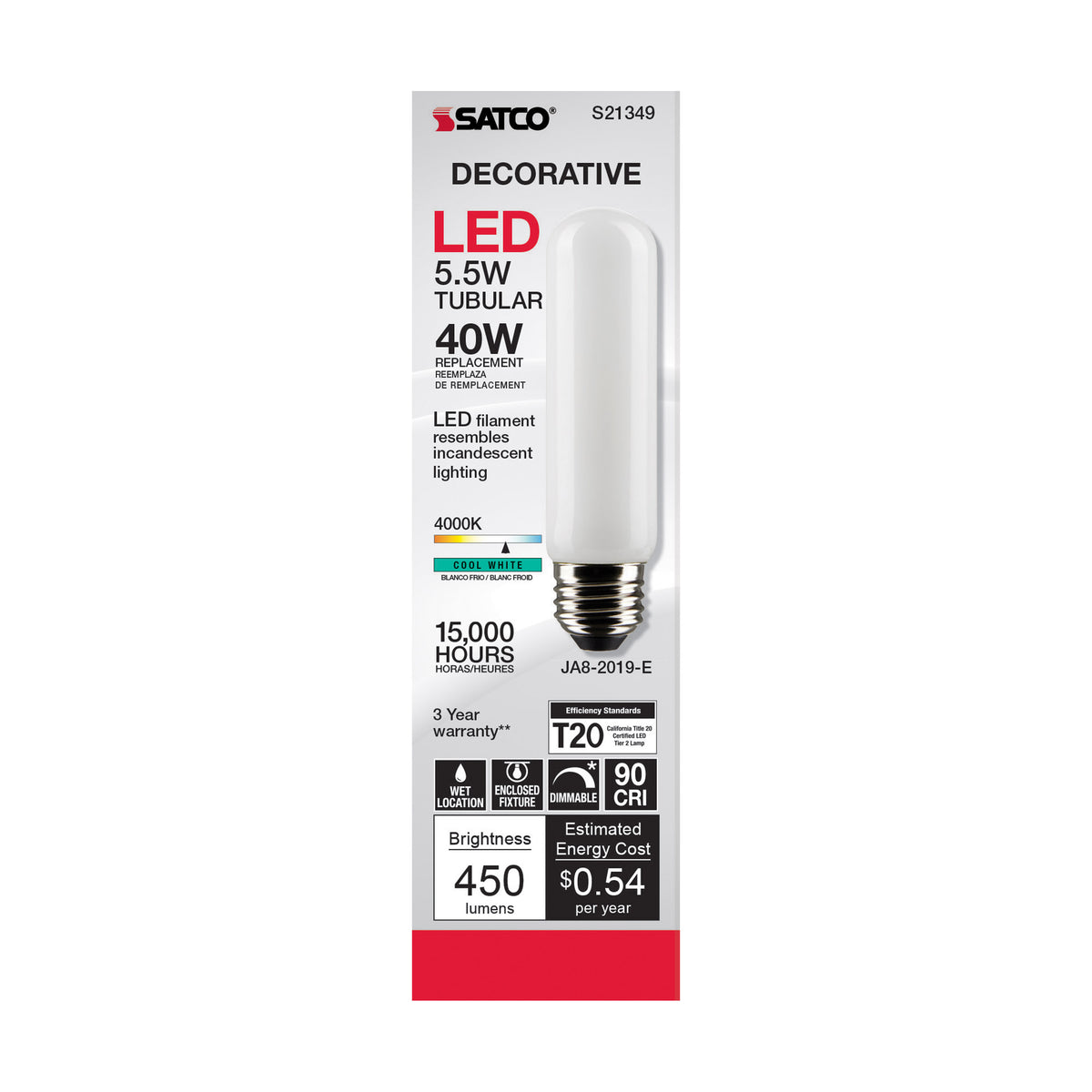 5.5 Watt T10 LED Filament - Frost - Medium base - 90 CRI - 4000K - 120 Volt