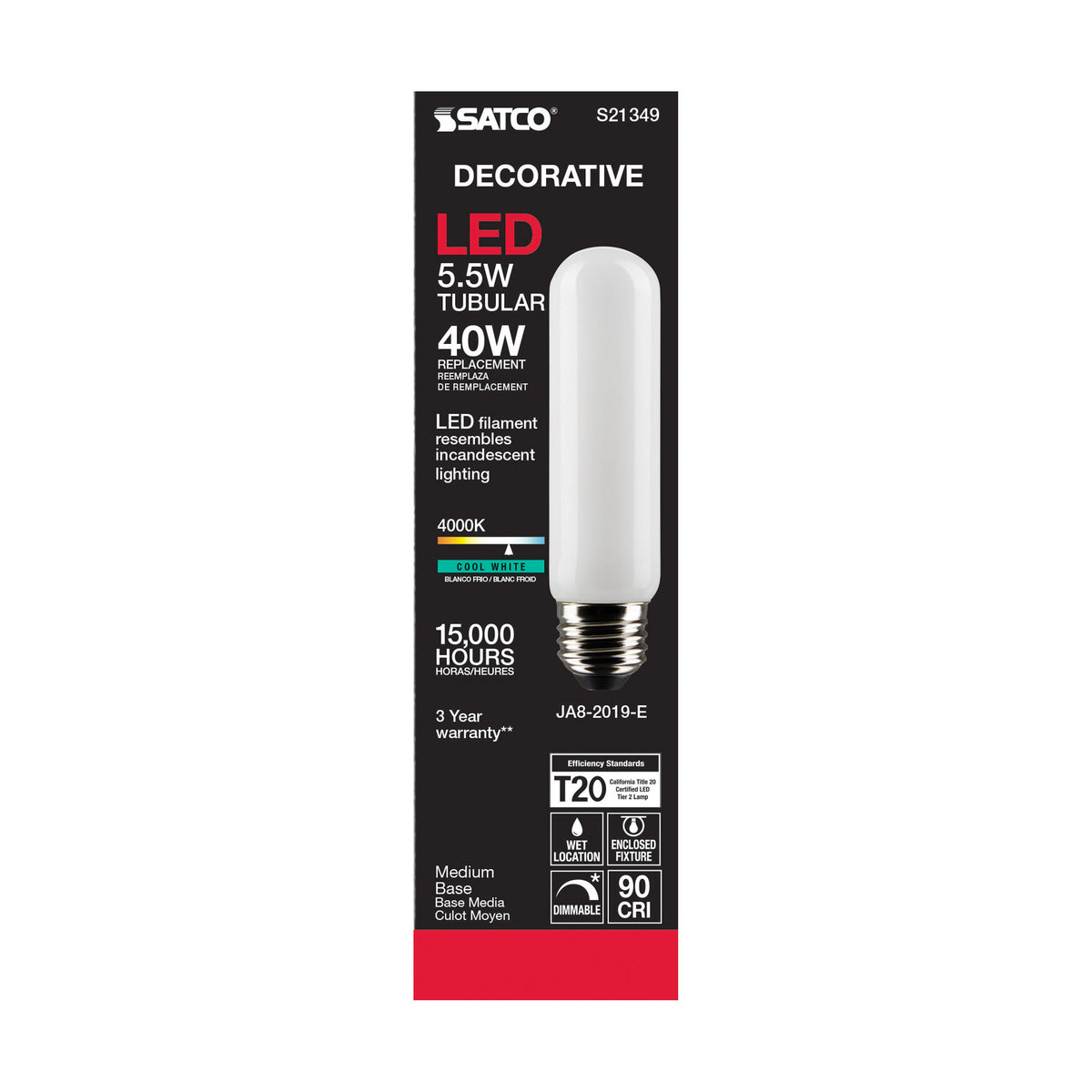 5.5 Watt T10 LED Filament - Frost - Medium base - 90 CRI - 4000K - 120 Volt