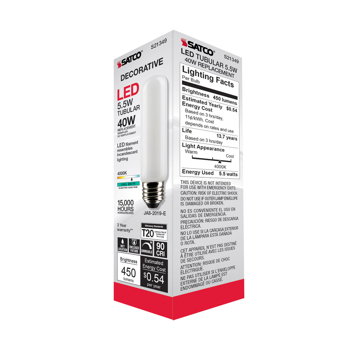 5.5 Watt T10 LED Filament - Frost - Medium base - 90 CRI - 4000K - 120 Volt