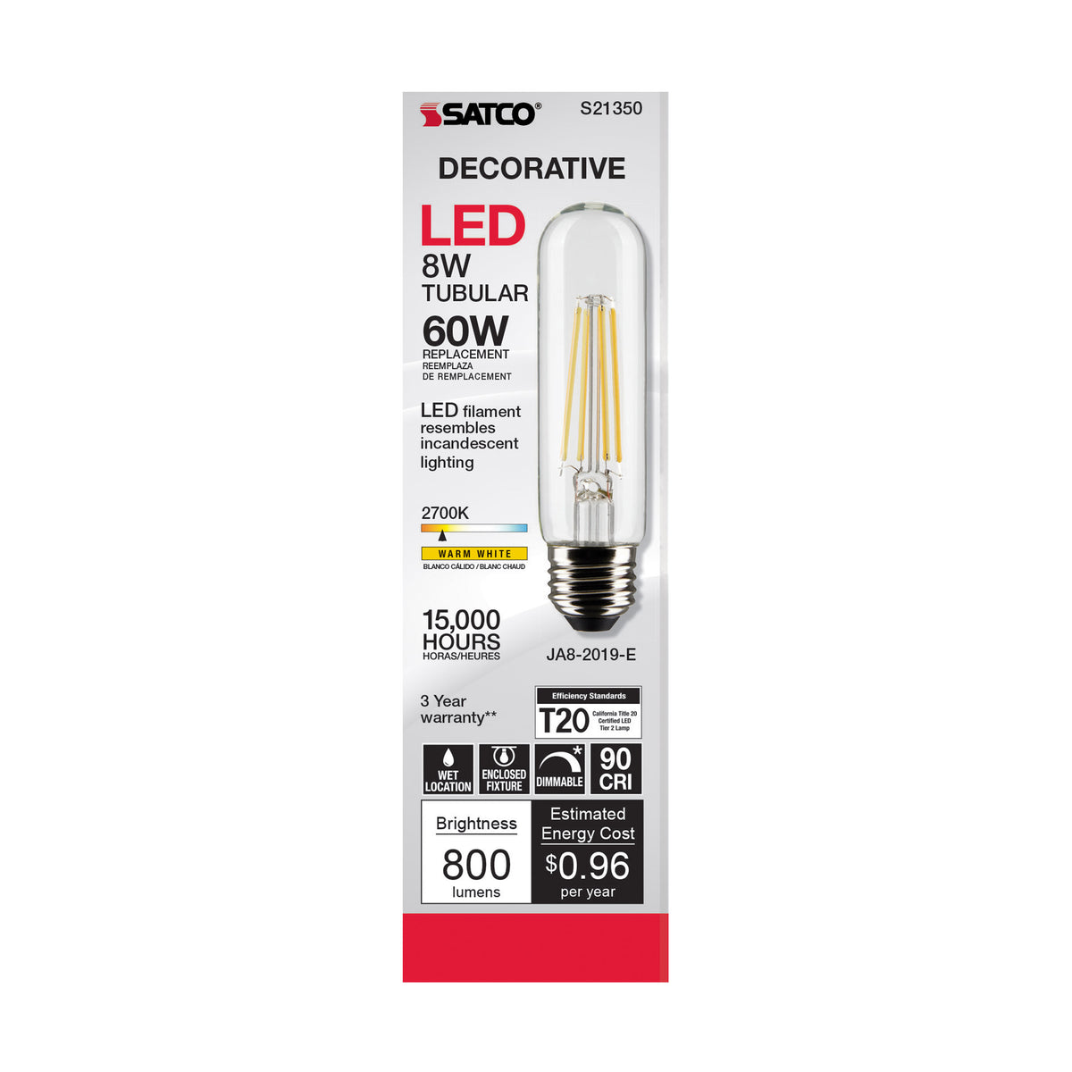 8 Watt T10 LED Filament - Clear - Medium base - 90 CRI - 2700K - 120 Volt