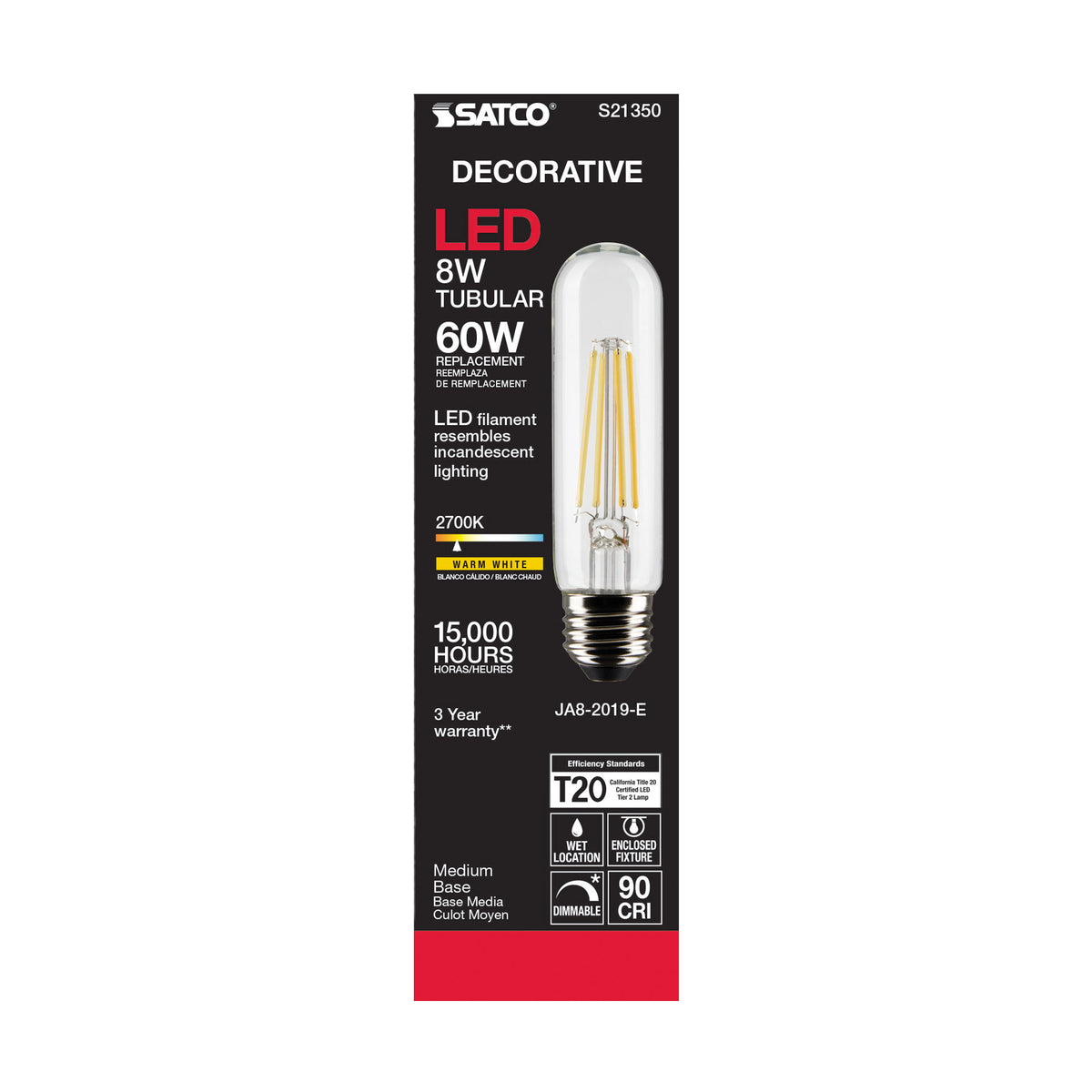 8 Watt T10 LED Filament - Clear - Medium base - 90 CRI - 2700K - 120 Volt
