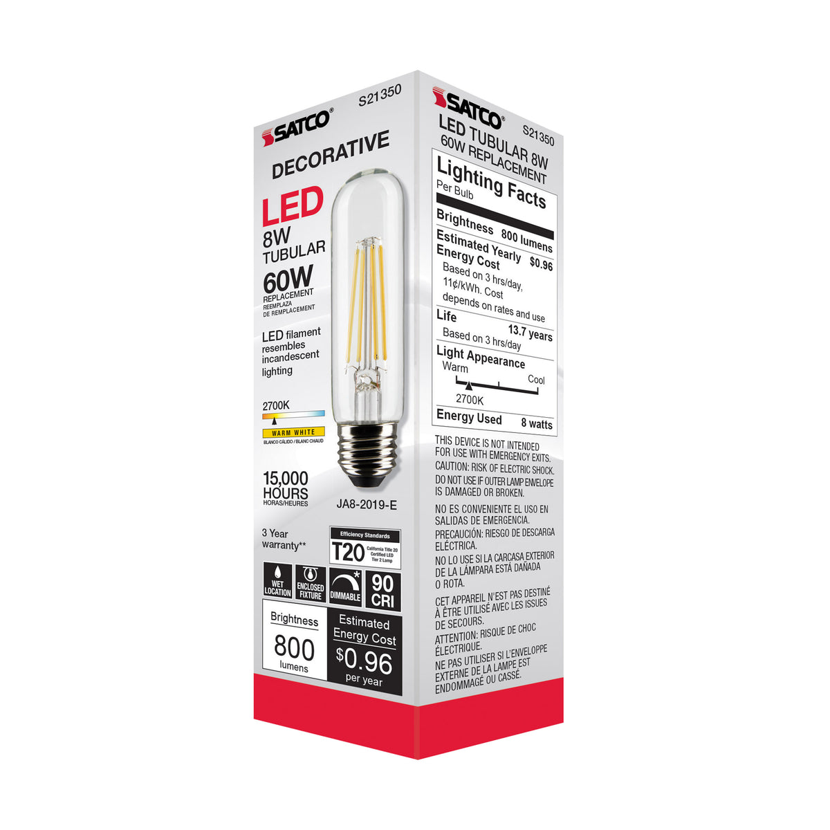 8 Watt T10 LED Filament - Clear - Medium base - 90 CRI - 2700K - 120 Volt