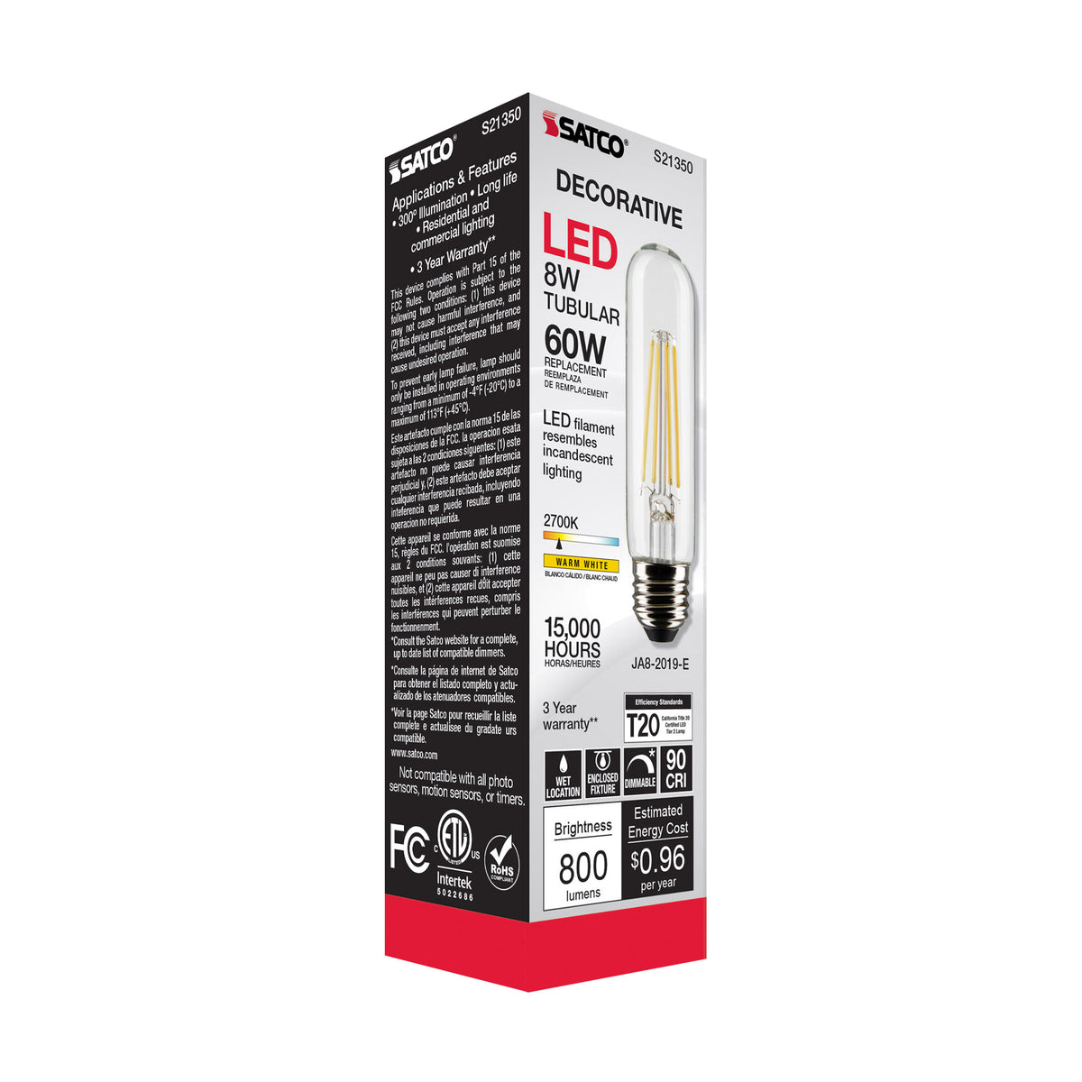 8 Watt T10 LED Filament - Clear - Medium base - 90 CRI - 2700K - 120 Volt