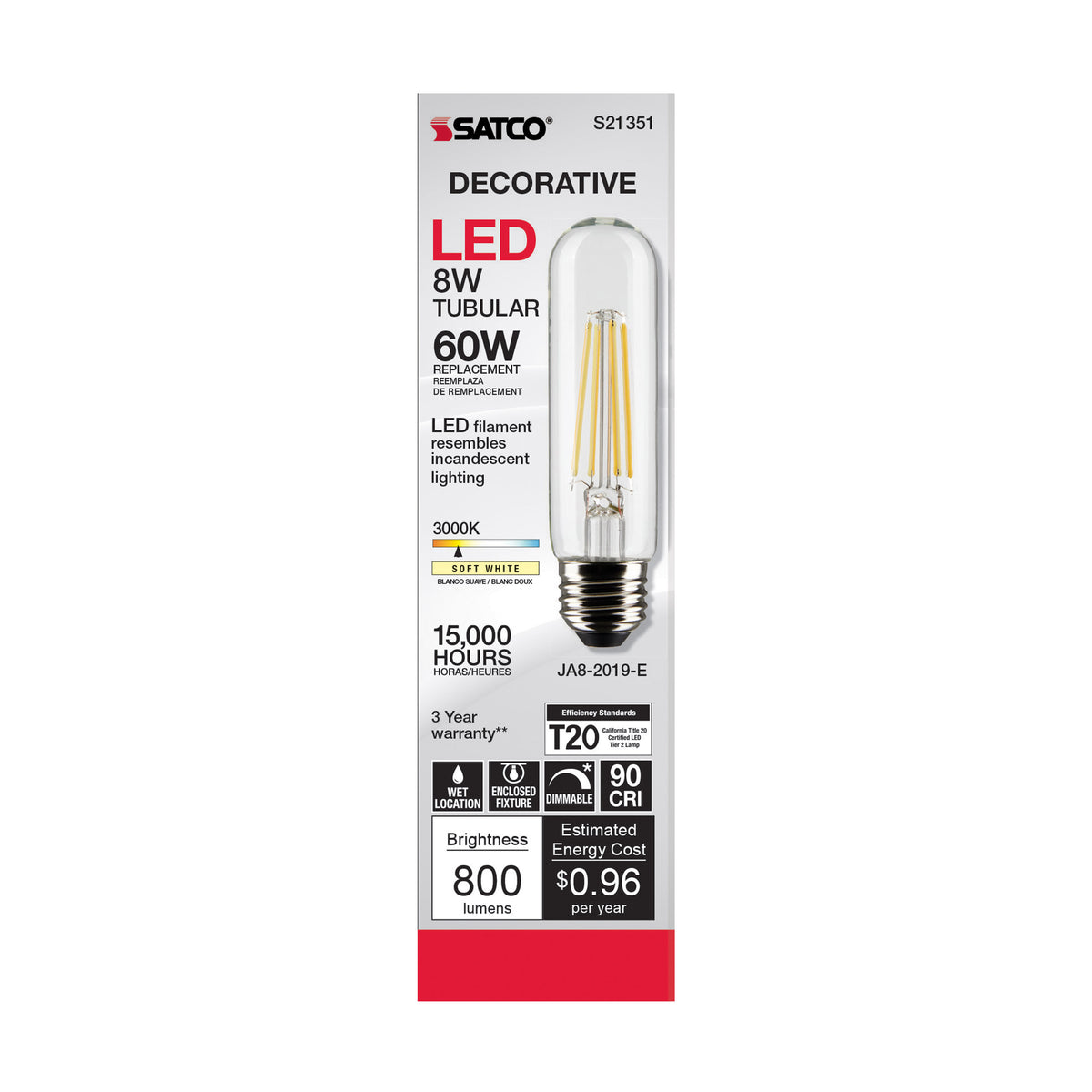 8 Watt T10 LED Filament - Clear - Medium base - 90 CRI - 3000K - 120 Volt