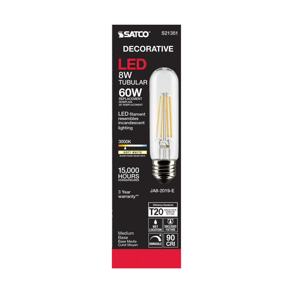 8 Watt T10 LED Filament - Clear - Medium base - 90 CRI - 3000K - 120 Volt