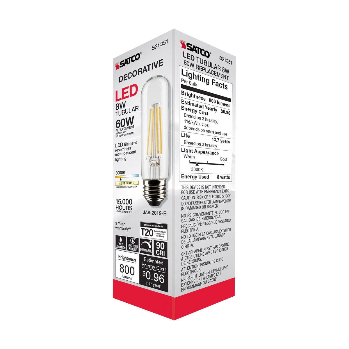 8 Watt T10 LED Filament - Clear - Medium base - 90 CRI - 3000K - 120 Volt