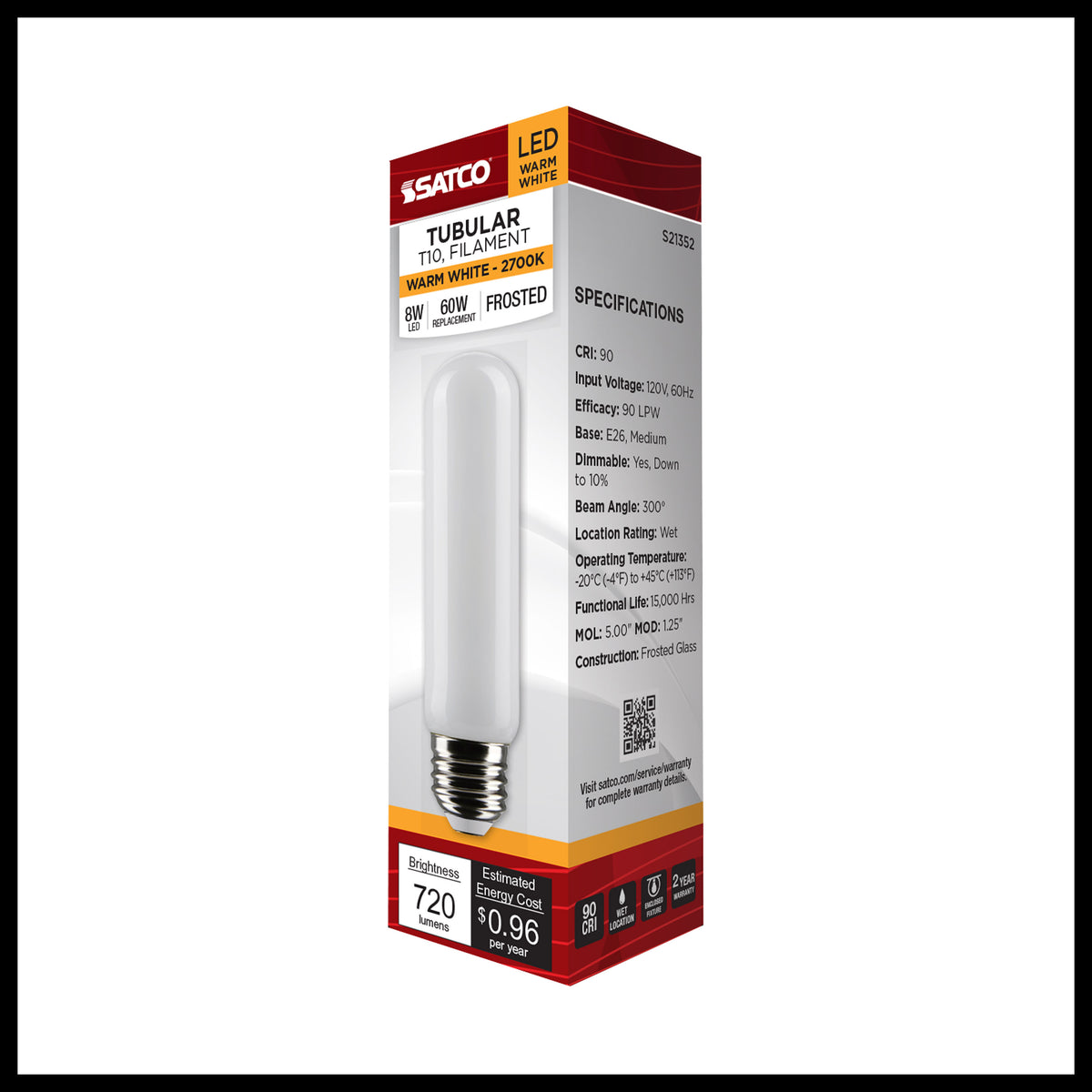 8 Watt T10 LED Filament - Frost - Medium base - 90 CRI - 2700K - 120 Volt