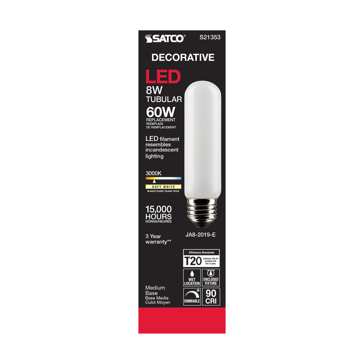 8 Watt T10 LED Filament - Frost - Medium base - 90 CRI - 3000K - 120 Volt