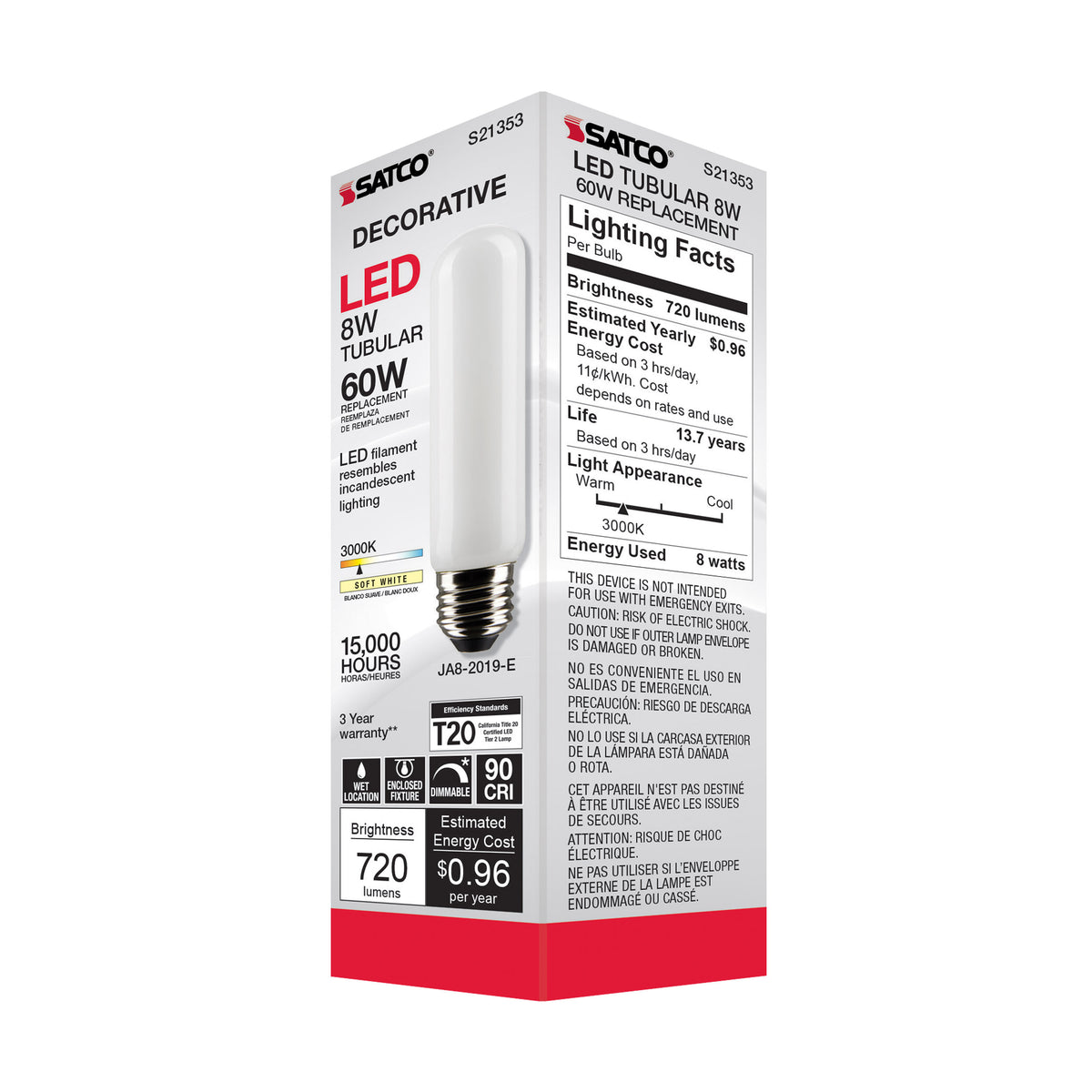8 Watt T10 LED Filament - Frost - Medium base - 90 CRI - 3000K - 120 Volt