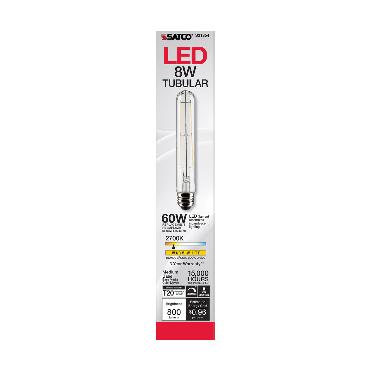 8 Watt T9 LED Filament - Clear - Medium base - 90 CRI - 2700K - 120 Volt