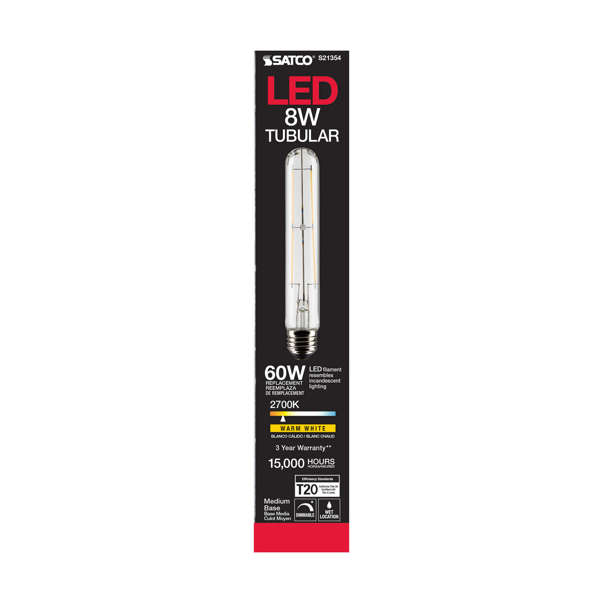 8 Watt T9 LED Filament - Clear - Medium base - 90 CRI - 2700K - 120 Volt