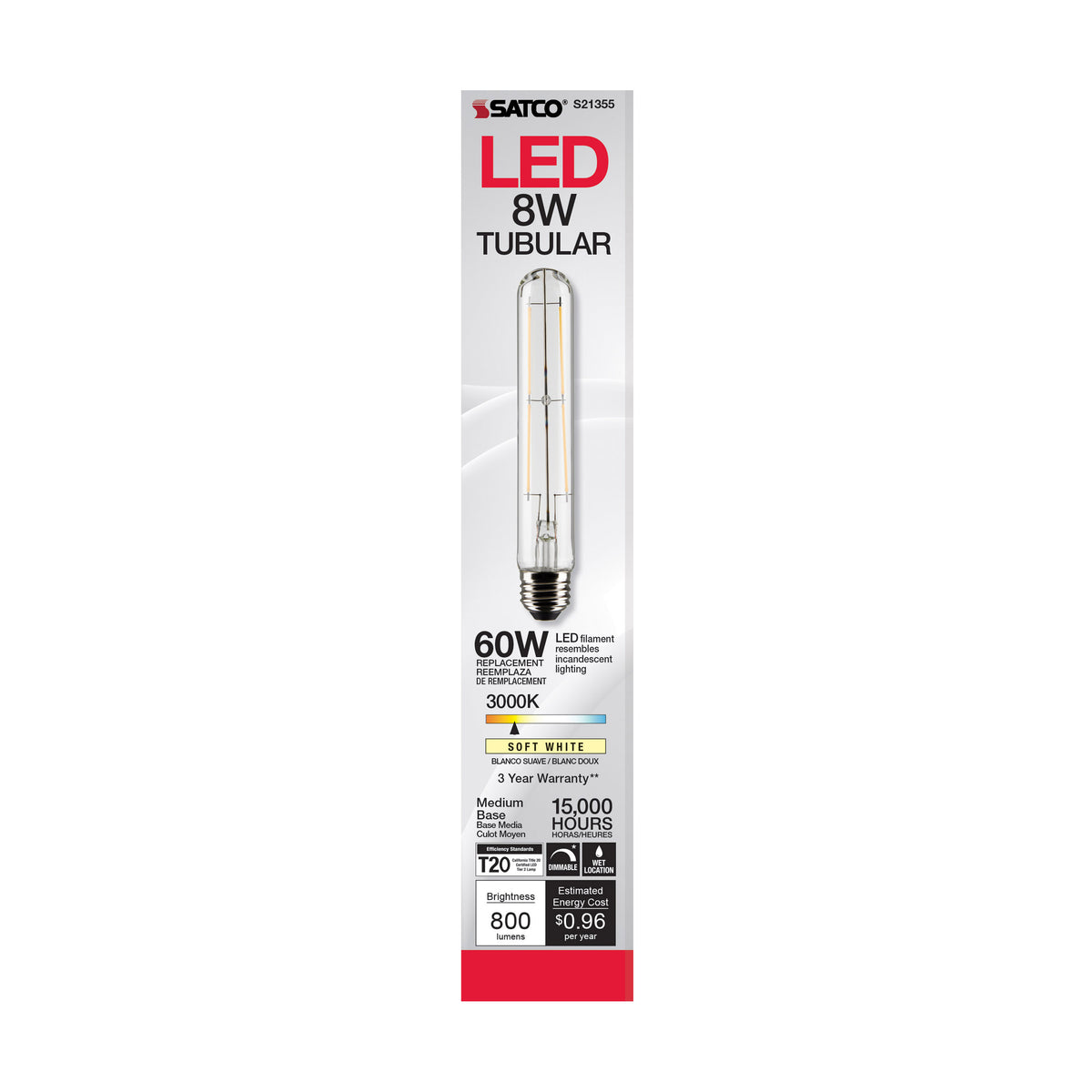 8 Watt T9 LED Filament - Clear - Medium base - 90 CRI - 3000K - 120 Volt
