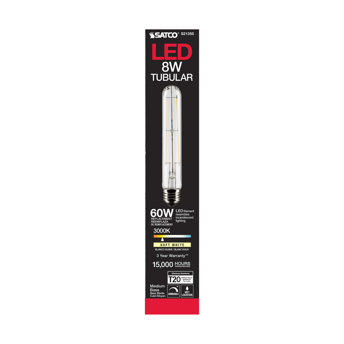 8 Watt T9 LED Filament - Clear - Medium base - 90 CRI - 3000K - 120 Volt