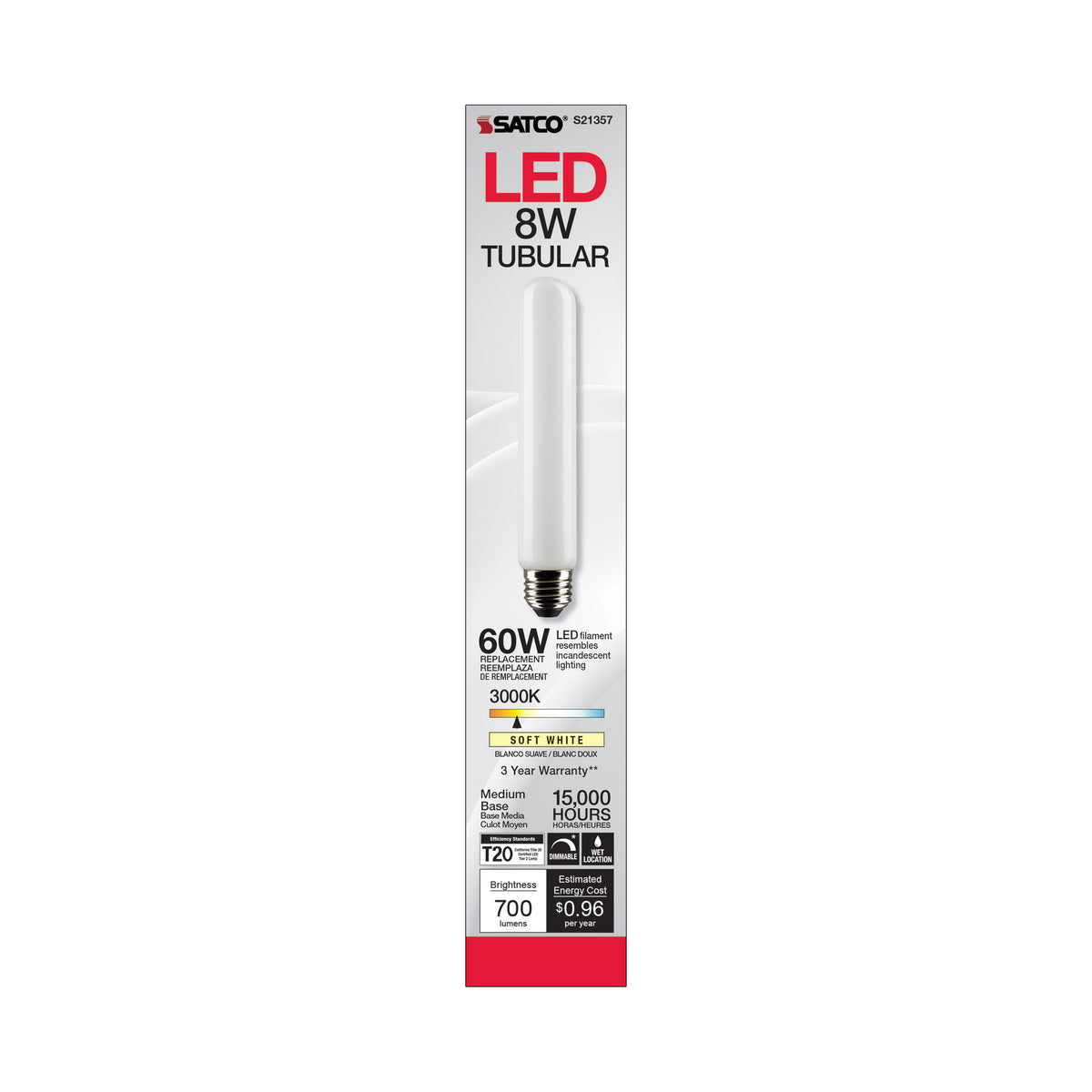 8 Watt T9 LED Filament - Frost - Medium base - 90 CRI - 3000K - 120 Volt