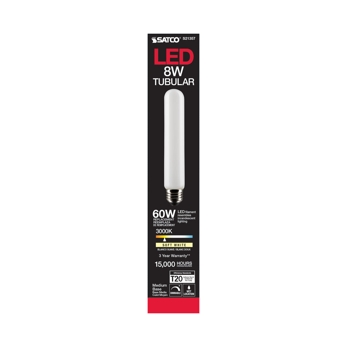 8 Watt T9 LED Filament - Frost - Medium base - 90 CRI - 3000K - 120 Volt