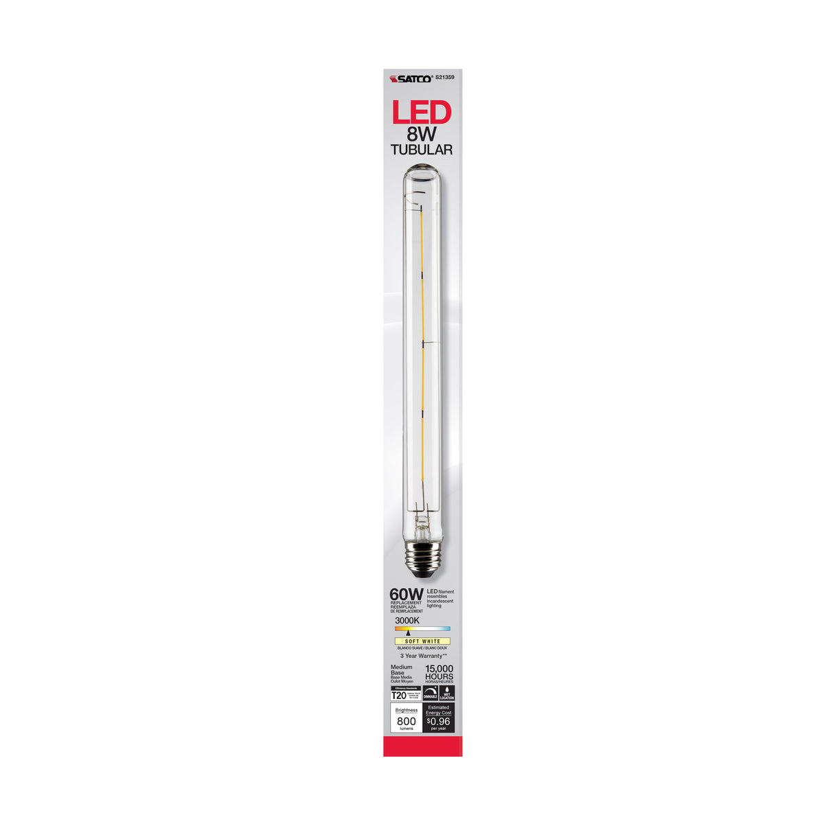 8 Watt T9 LED Filament - Clear - Medium base - 90 CRI - 3000K - 120 Volt