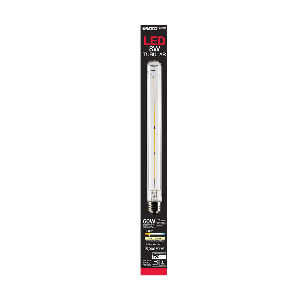8 Watt T9 LED Filament - Clear - Medium base - 90 CRI - 3000K - 120 Volt
