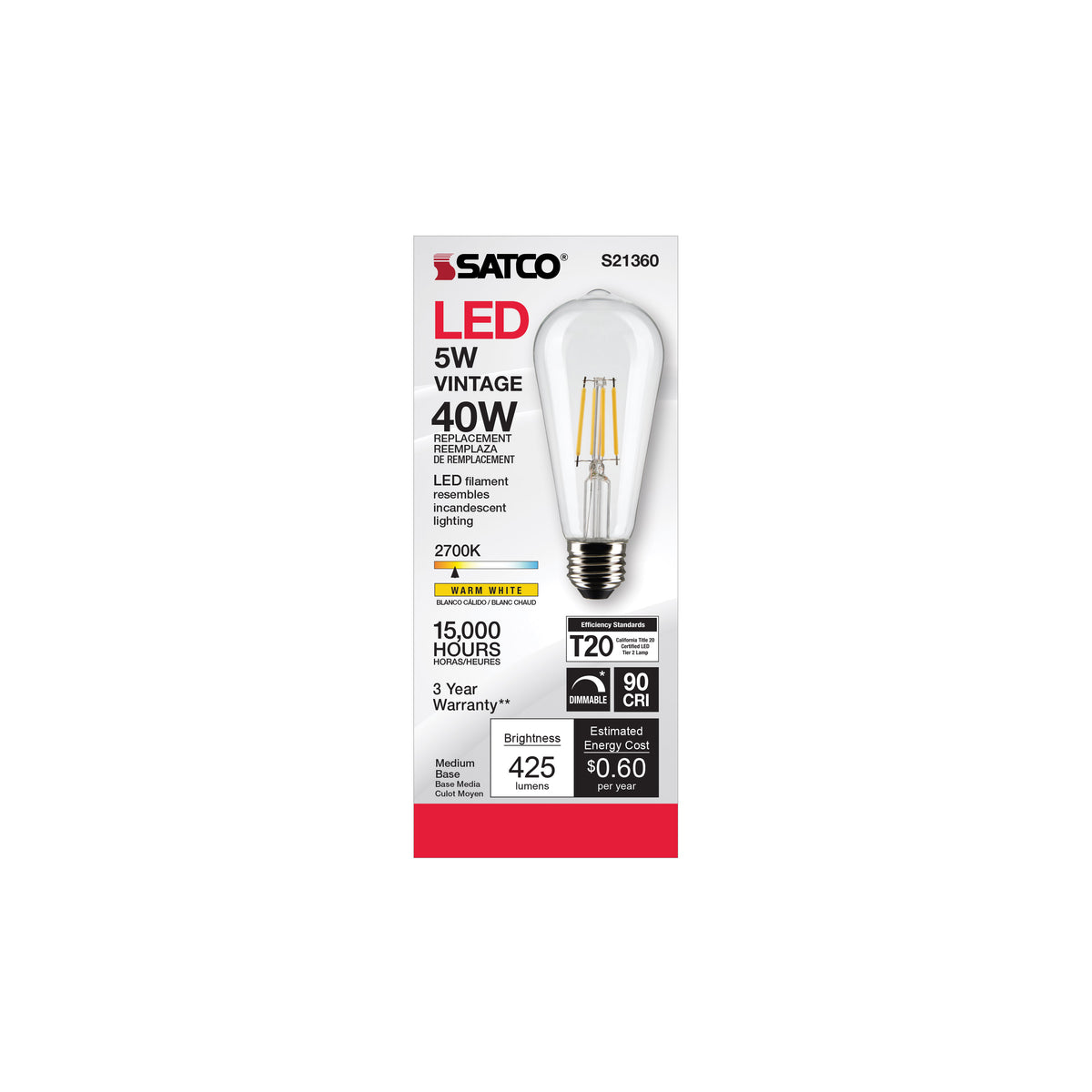 5 Watt ST19 LED Filament - Clear - Medium base - 90 CRI - 2700K - 120 Volt