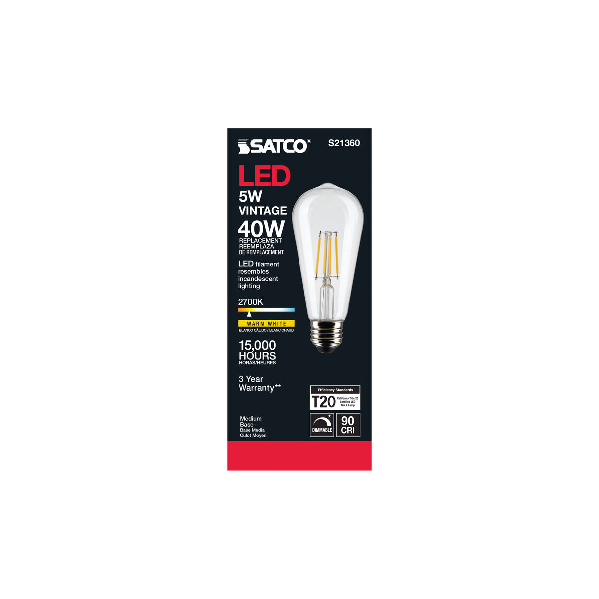 5 Watt ST19 LED Filament - Clear - Medium base - 90 CRI - 2700K - 120 Volt