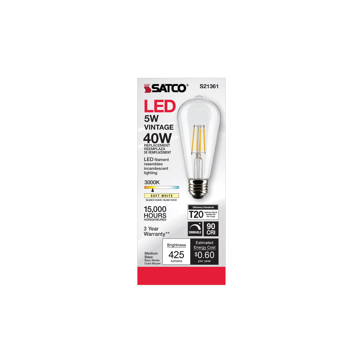 5 Watt ST19 LED Filament - Clear - Medium base - 90 CRI - 3000K - 120 Volt
