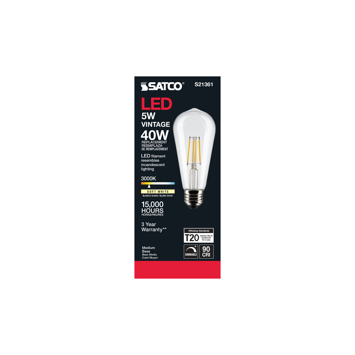 5 Watt ST19 LED Filament - Clear - Medium base - 90 CRI - 3000K - 120 Volt