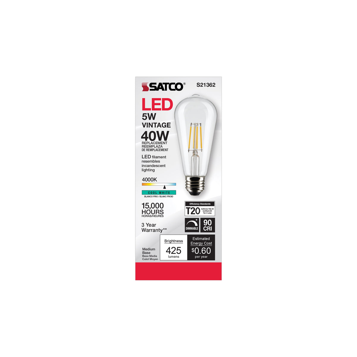 5 Watt ST19 LED Filament - Clear - Medium base - 90 CRI - 4000K - 120 Volt